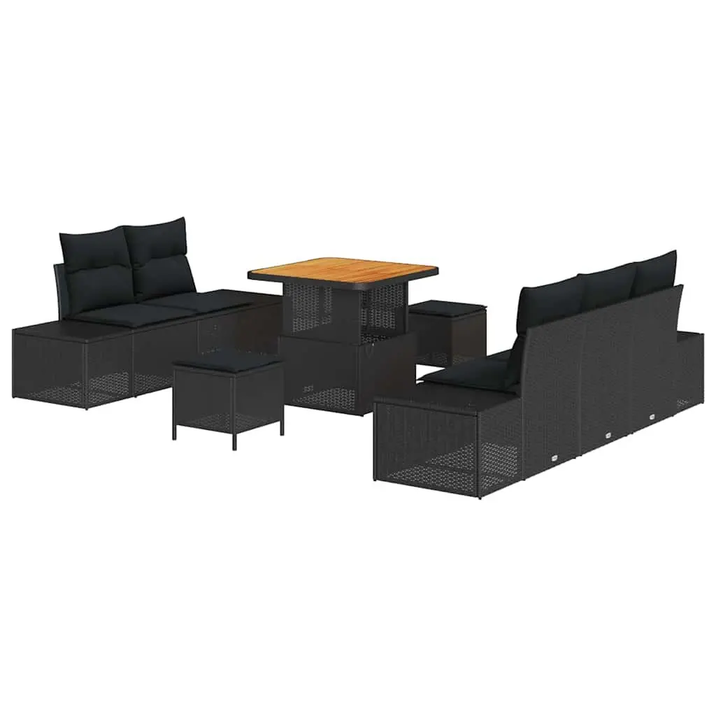 Outdoor Garden Sofa Set 8 Pieces Black Poly Rattan Weather-Resistant with Cushions