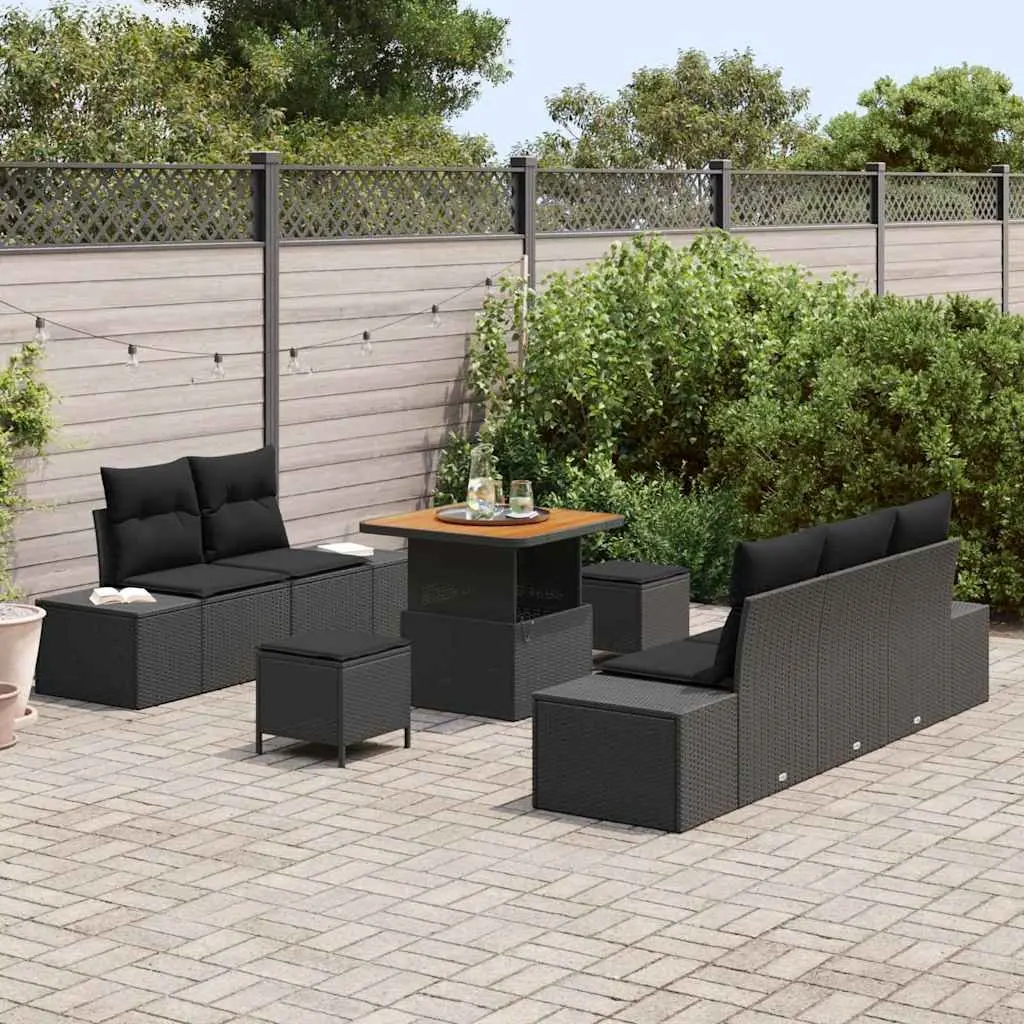 Outdoor Garden Sofa Set 8 Pieces Black Poly Rattan Weather-Resistant with Cushions