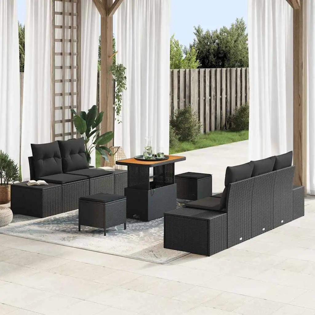 Outdoor Garden Sofa Set 8 Pieces Black Poly Rattan Weather-Resistant with Cushions