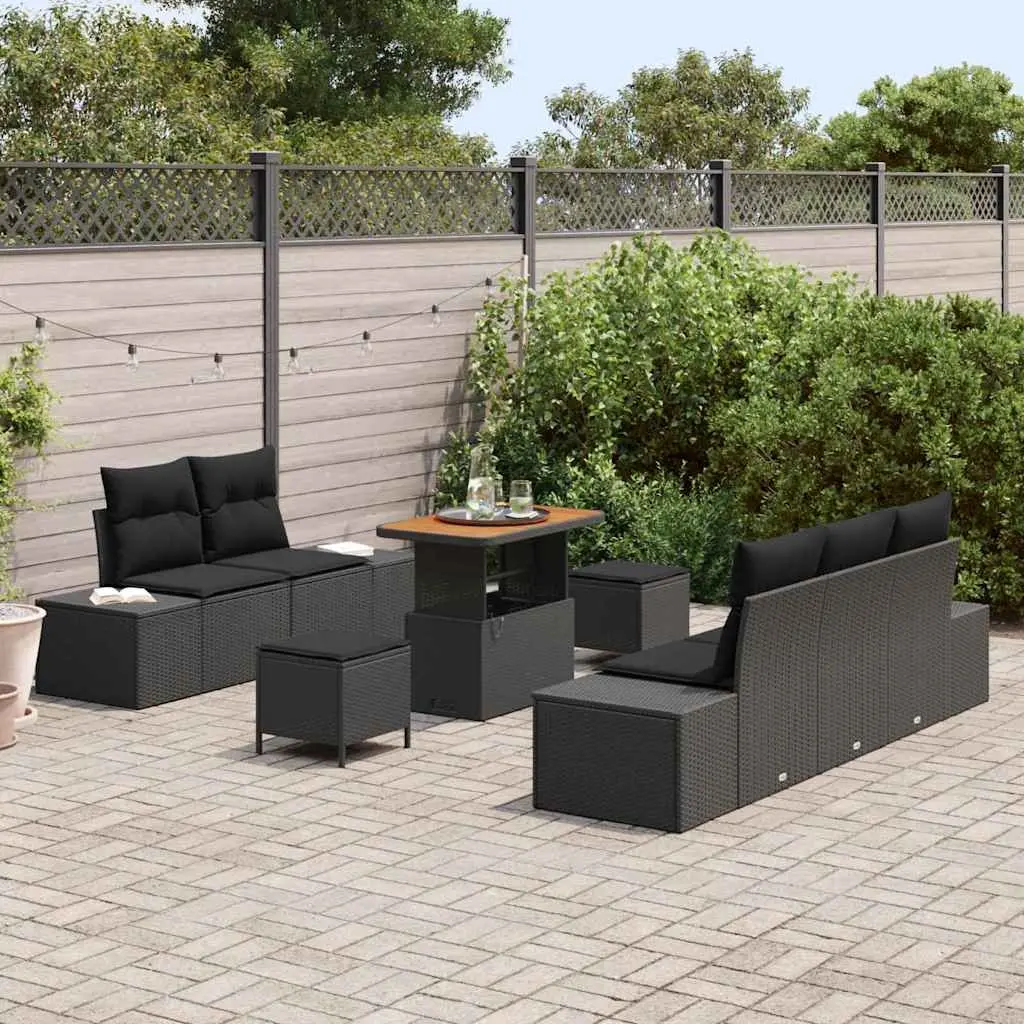 Outdoor Garden Sofa Set 8 Pieces Black Poly Rattan Weather-Resistant with Cushions