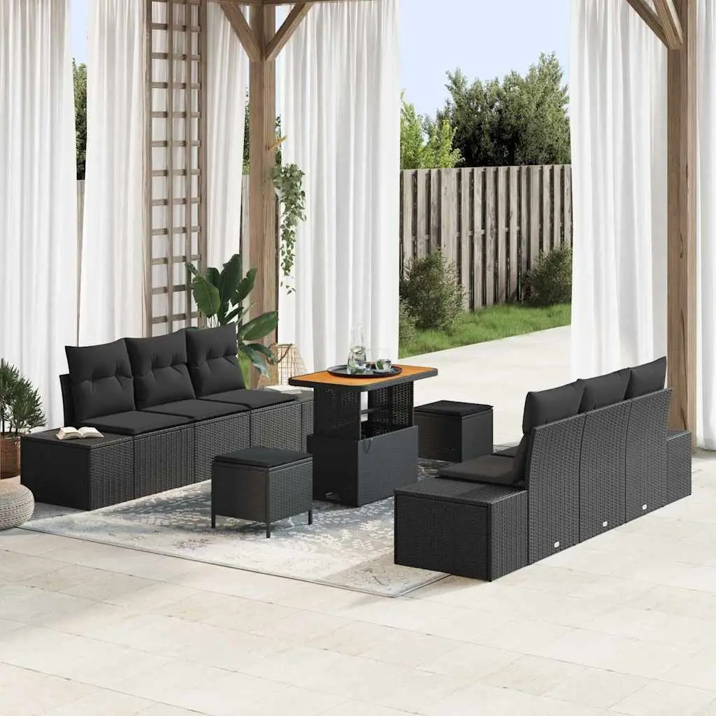 Outdoor Garden Sofa Set Modern Black Poly Rattan 9 Piece with Storage and Cushions