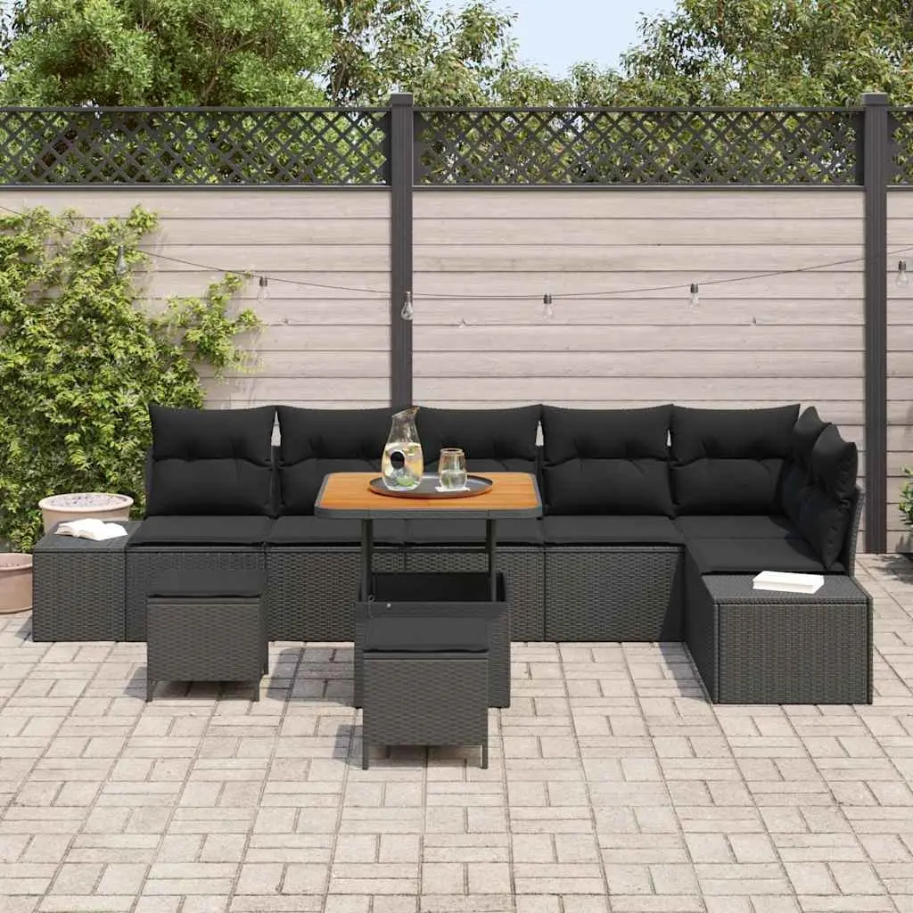 Outdoor Garden Sofa Set Modular Black Poly Rattan 9 Piece with Cushions
