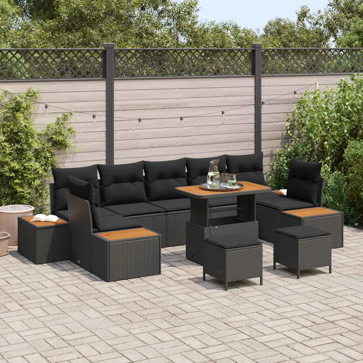 Modular Outdoor Seating Set 10 Piece Black Poly Rattan Garden Sofa with Cushions and Hidden Storage