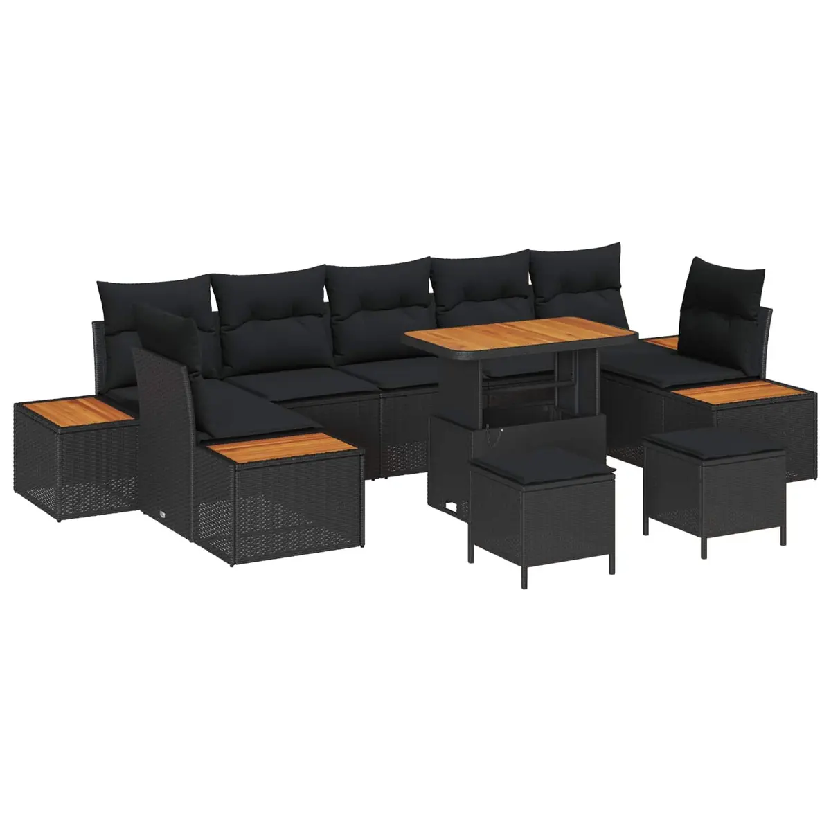 Modular Outdoor Seating Set 10 Piece Black Poly Rattan Garden Sofa with Cushions and Hidden Storage