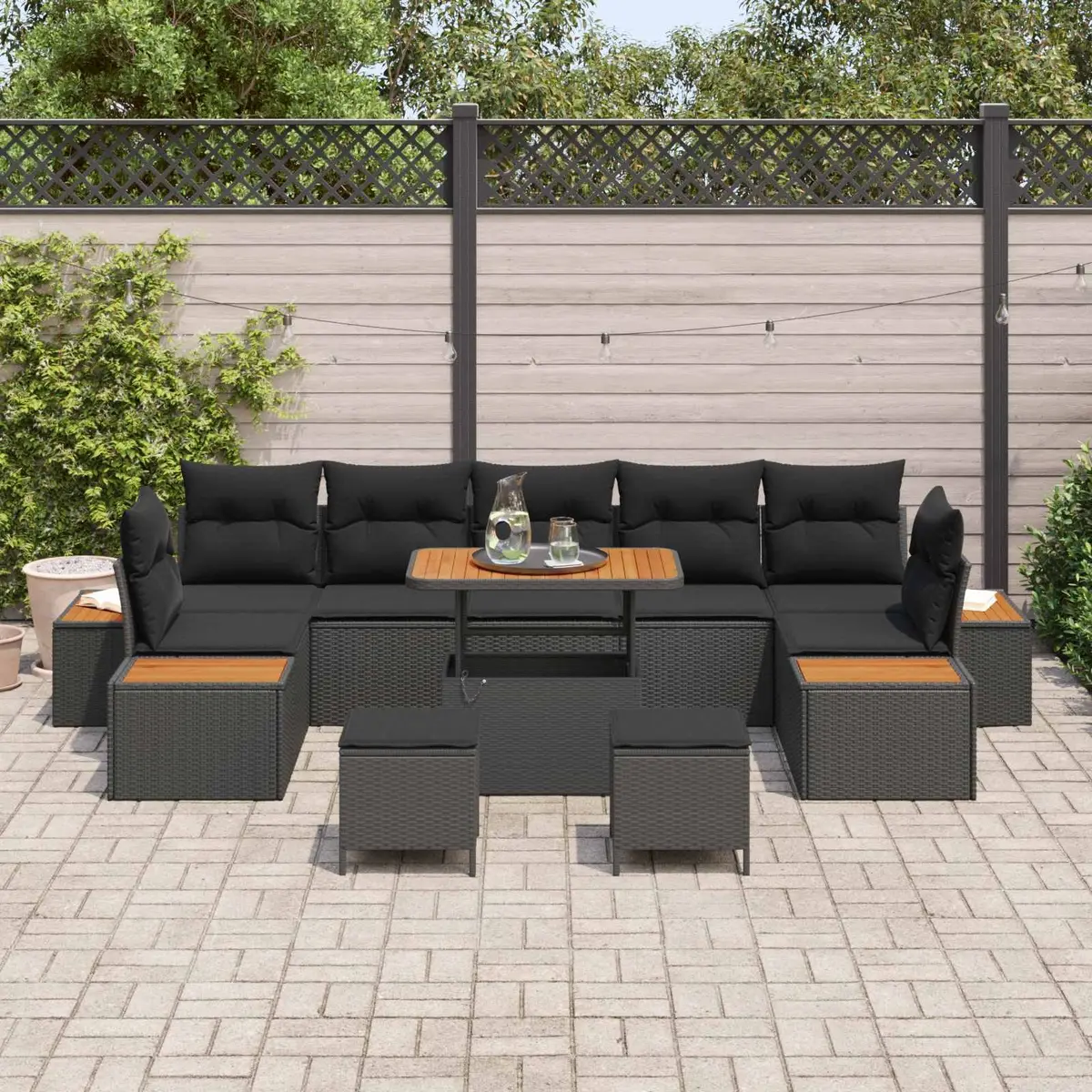 Modular Outdoor Seating Set 10 Piece Black Poly Rattan Garden Sofa with Cushions and Hidden Storage