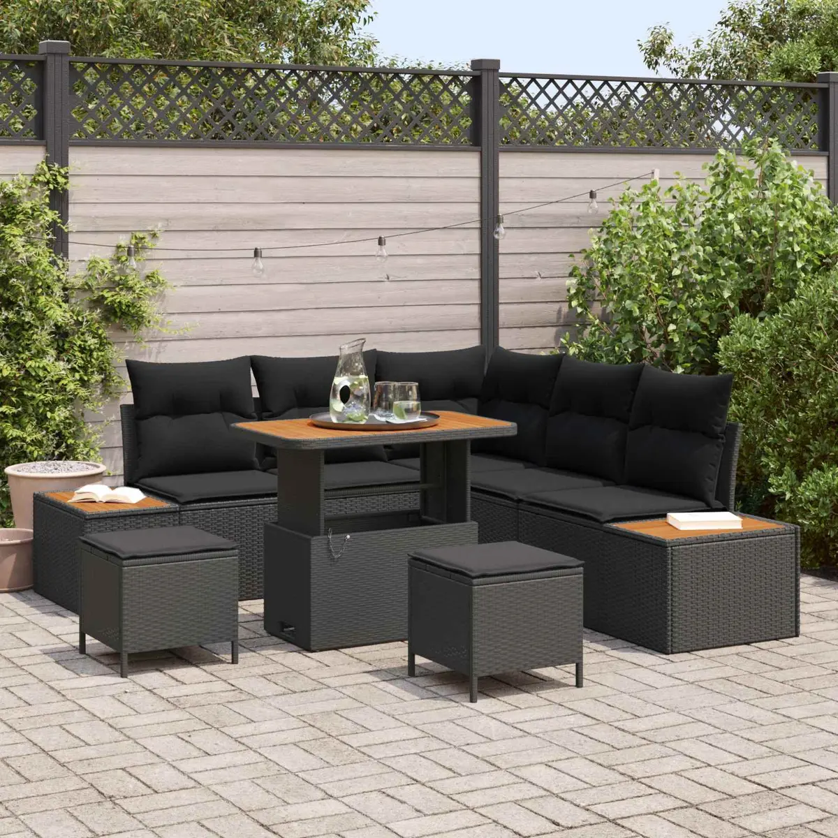 Modular8PieceBlackGardenSofaSetwithCushionsFlexibleDesignPolyRattanandAcaciaWood