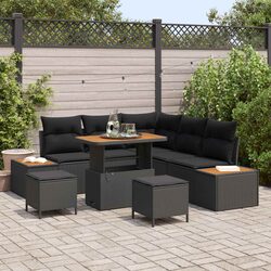 Outdoor Garden Sofa Set 8-Piece Black Poly Rattan Modular Seating with Cushions