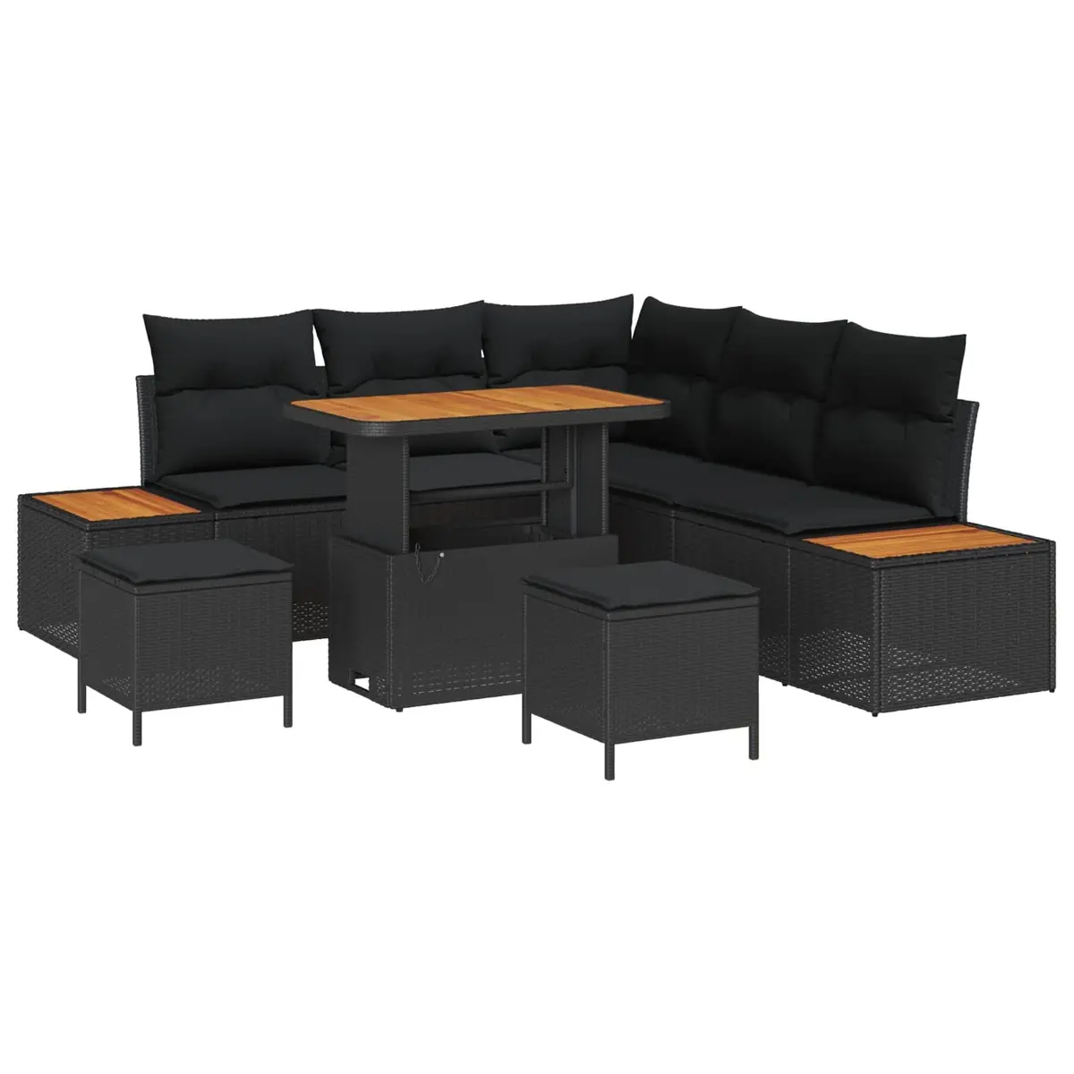 Modular8PieceBlackGardenSofaSetwithCushionsFlexibleDesignPolyRattanandAcaciaWood