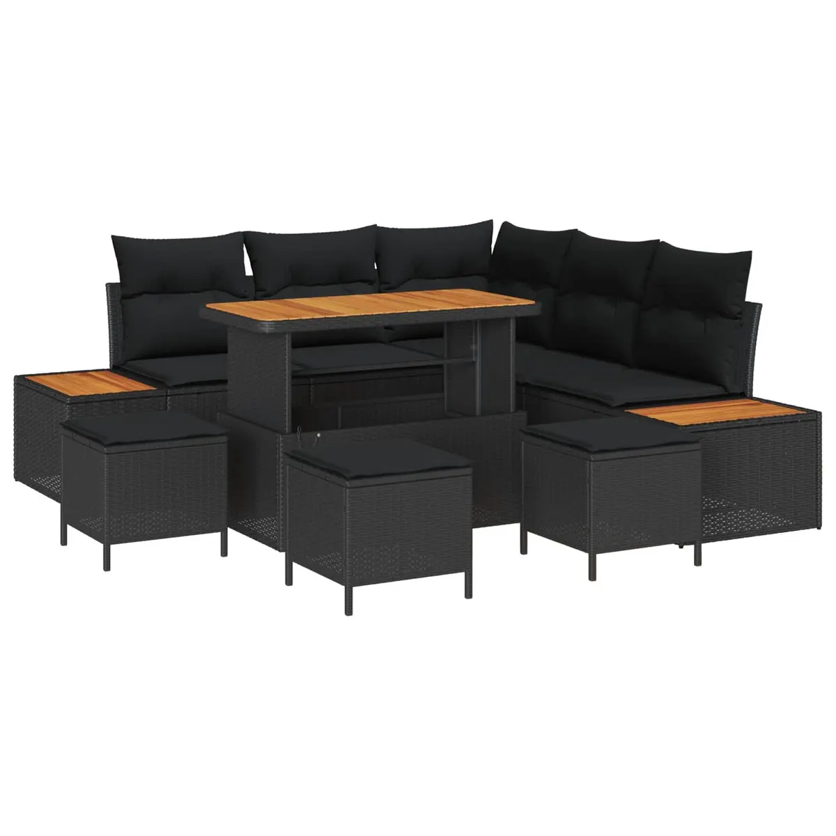 Outdoor Garden Sofa Set 9 Pieces Black Poly Rattan Patio Seating with Cushions