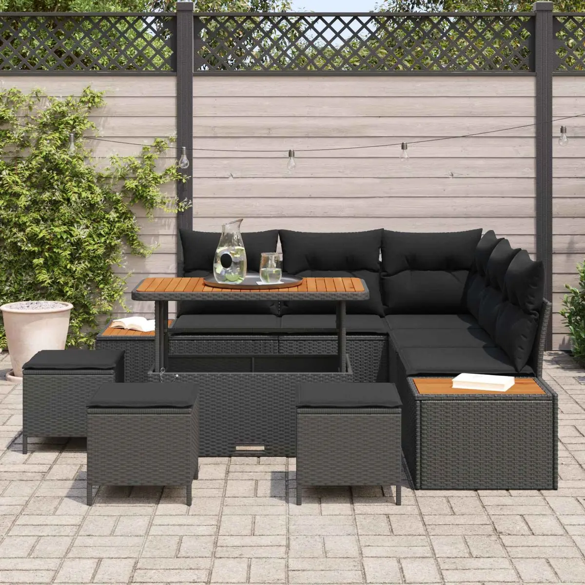 Outdoor Garden Sofa Set 9 Pieces Black Poly Rattan Patio Seating with Cushions