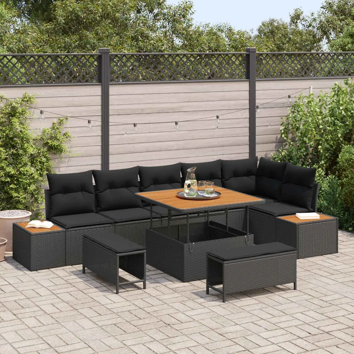 9 Piece Garden Sofa Set Black Poly Rattan Outdoor Lounge Seating with Cushions