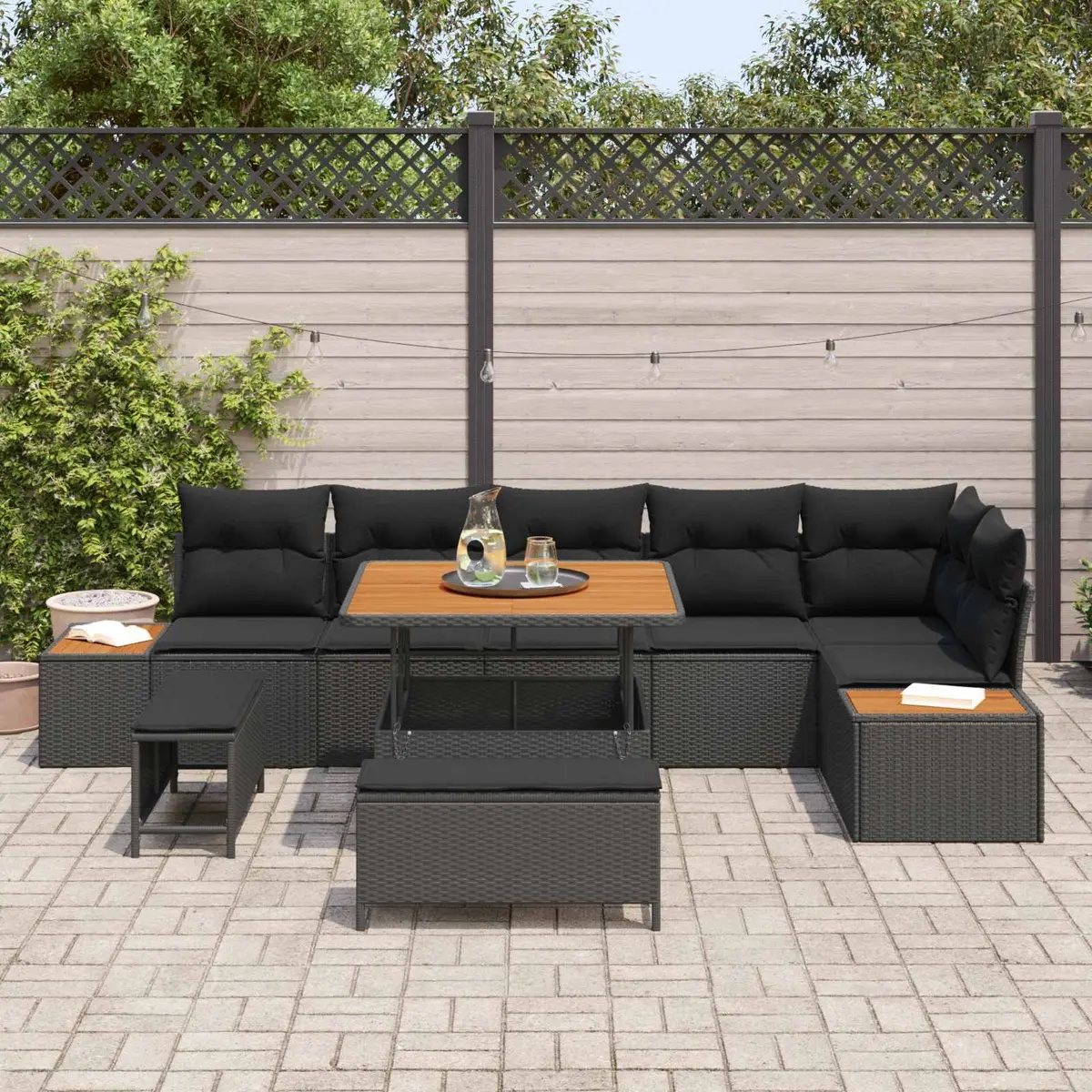 9 Piece Garden Sofa Set Black Poly Rattan Outdoor Lounge Seating with Cushions