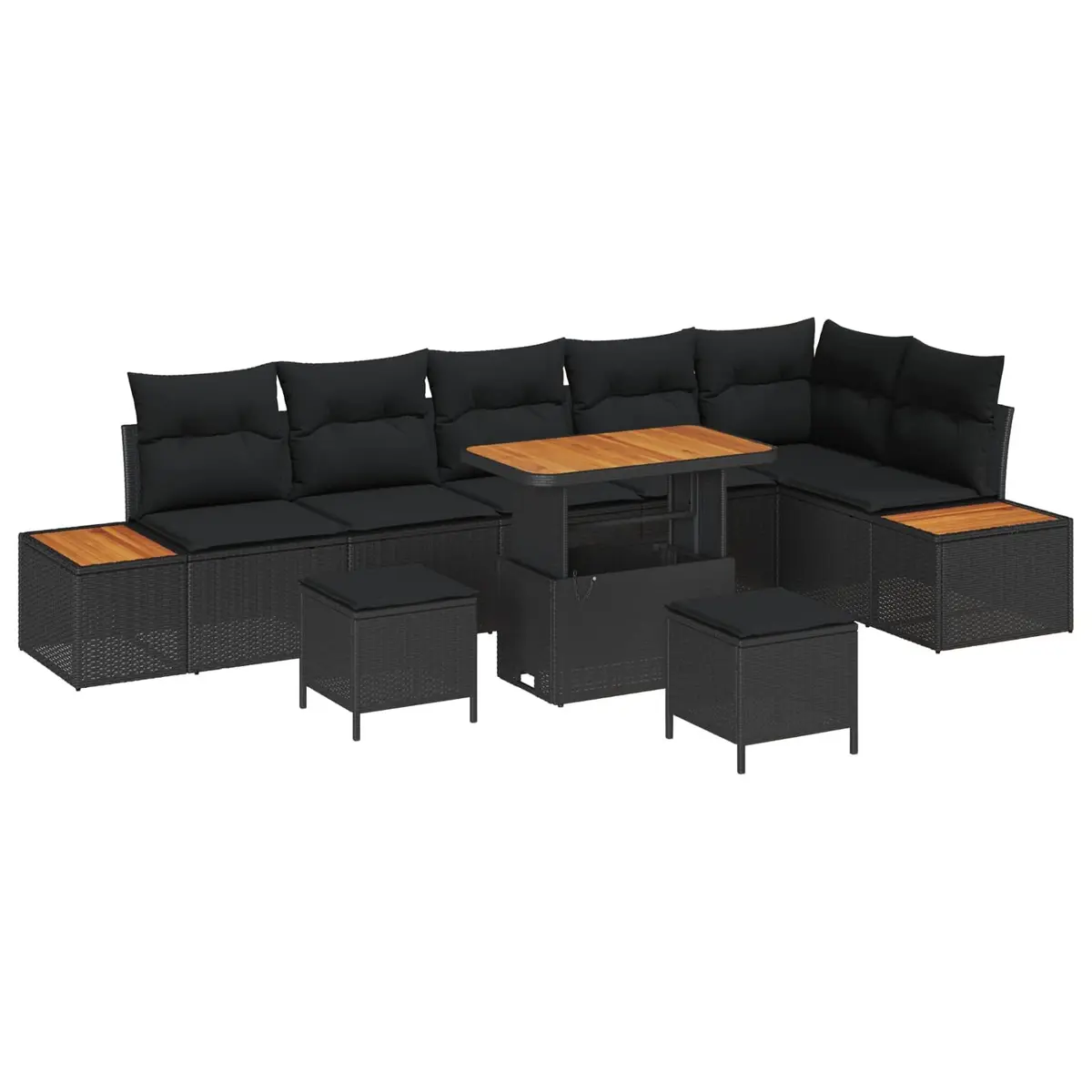 Outdoor Garden Sofa Set Poly Rattan Acacia Wood 9 Piece Black