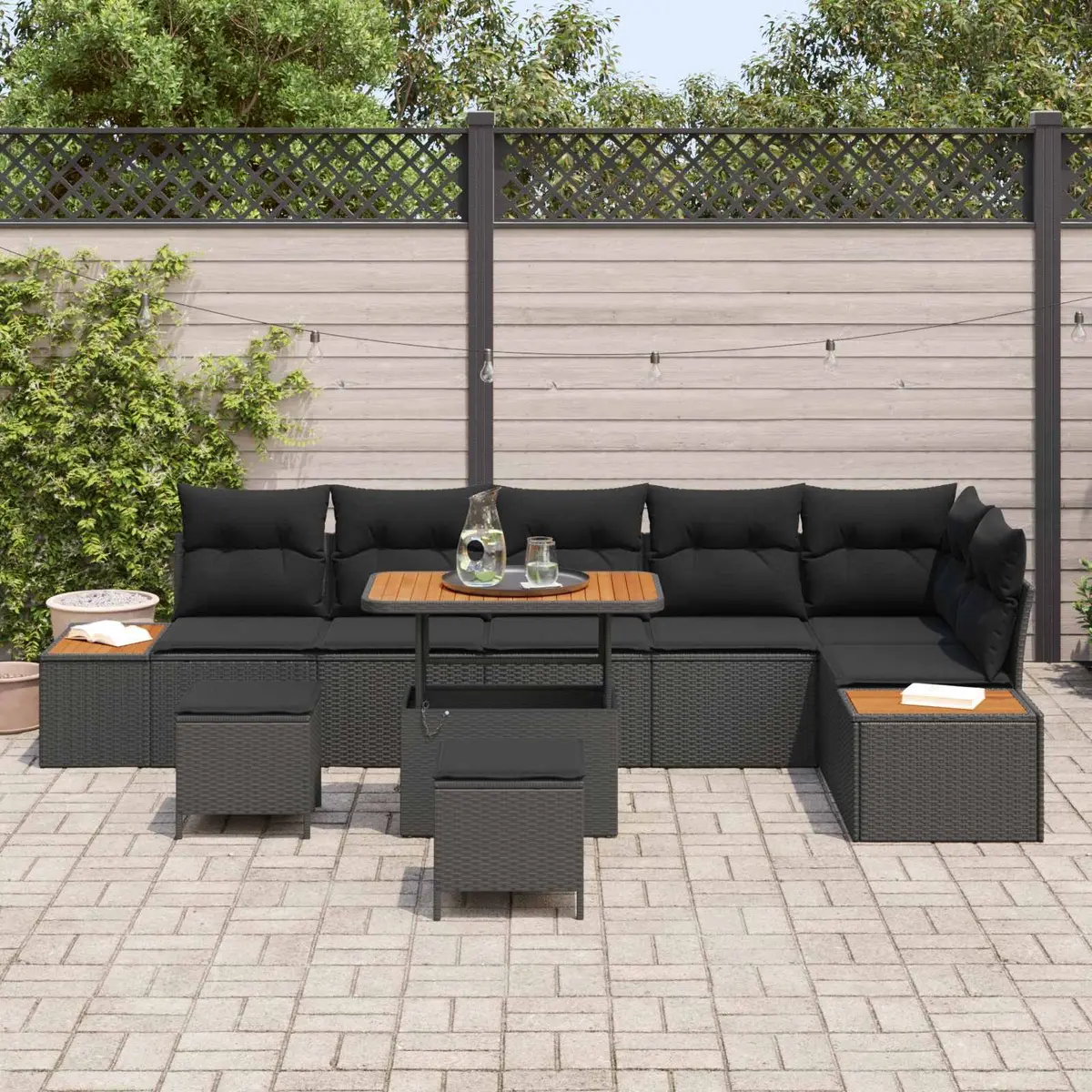 Outdoor Garden Sofa Set Poly Rattan Acacia Wood 9 Piece Black