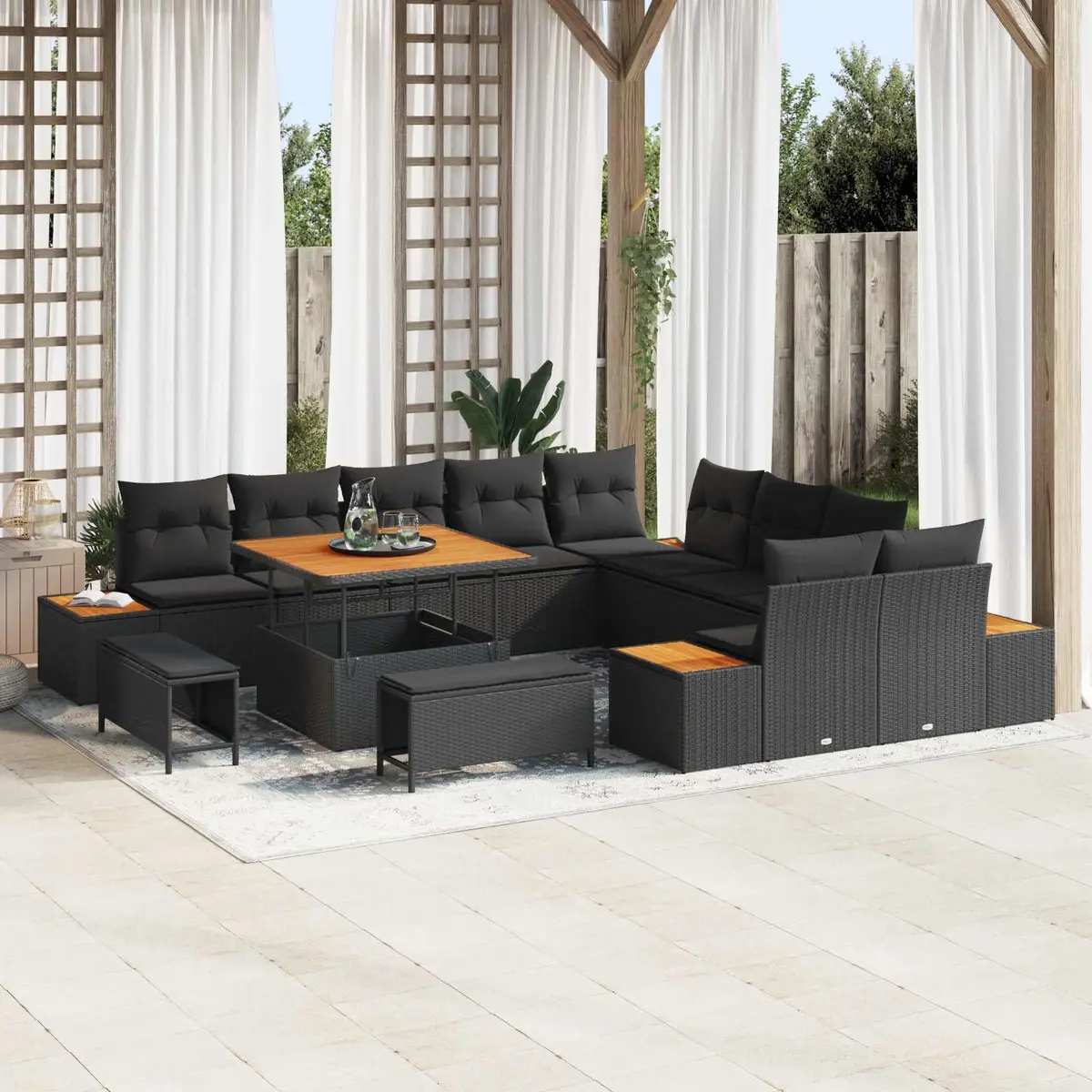 Outdoor Garden Sofa Set 13 Pieces Black Poly Rattan Weather Resistant with Storage