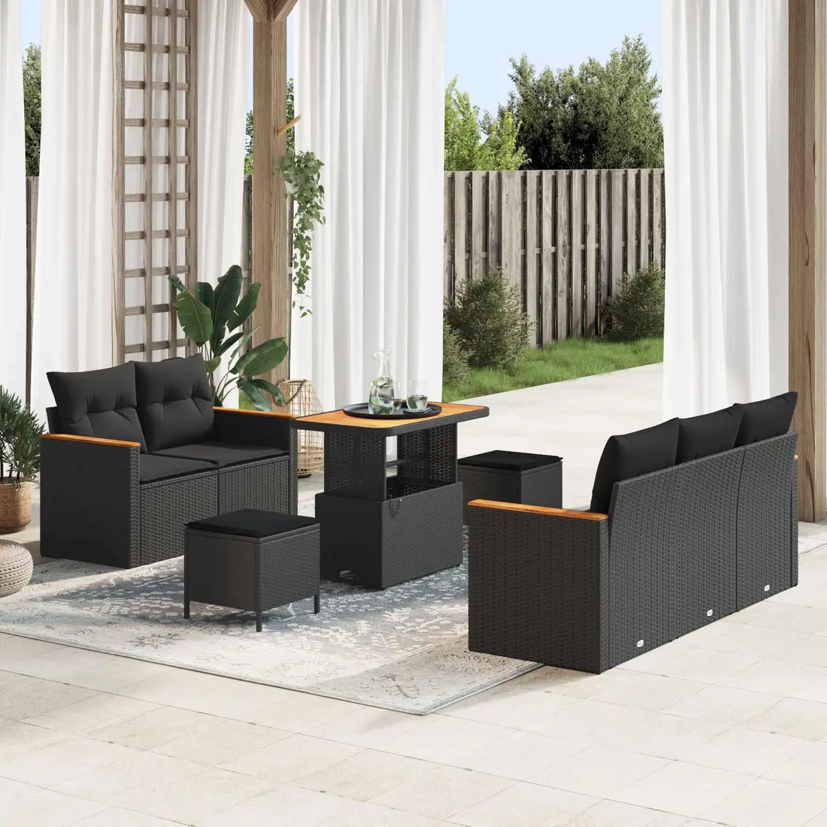 Modular Garden Sofa Set 10 Piece Black Poly Rattan with Solid Acacia Wood and Washable Cushions