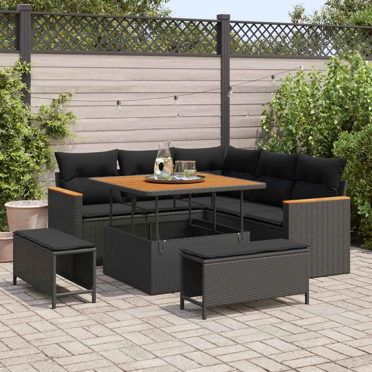 Modular Garden Sofa Set Black Poly Rattan 8 Pieces Outdoor Seating with Storage