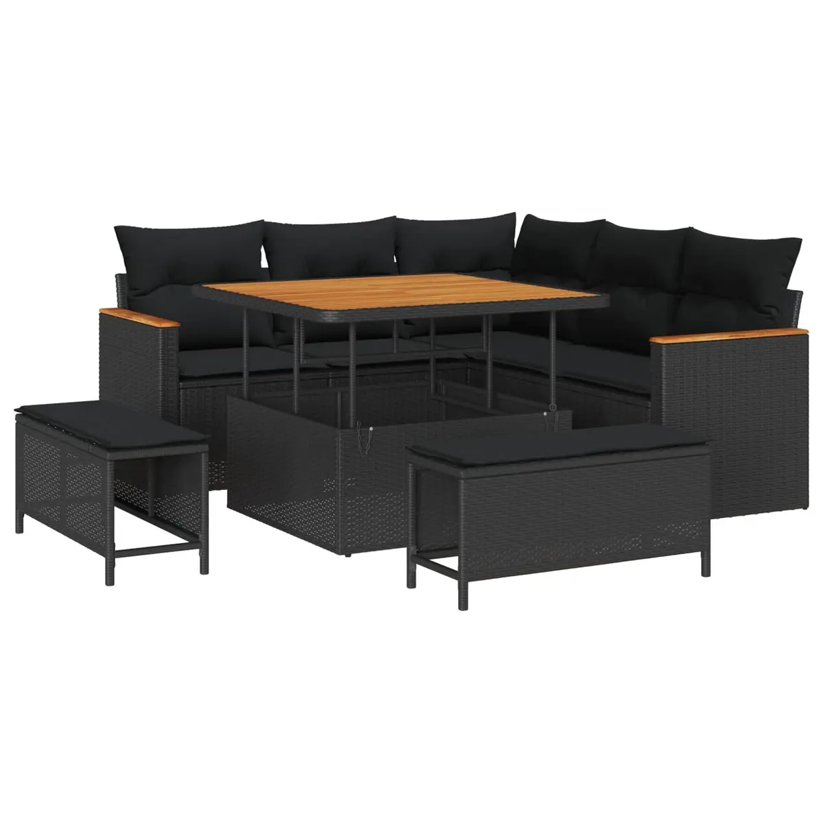 Modular Garden Sofa Set Black Poly Rattan 8 Pieces Outdoor Seating with Storage