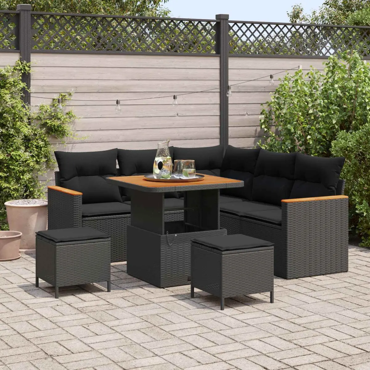 Modular Outdoor Garden Sofa Set 8 Pieces Black Poly Rattan with Height Adjustable Table and Storage