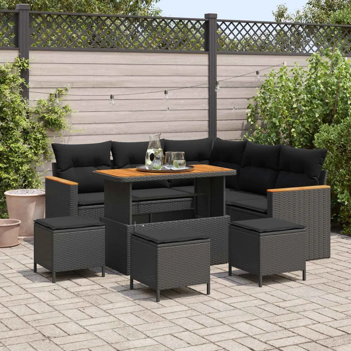 Modular Outdoor Garden Sofa Set Black Poly Rattan with Height Adjustable Table and Storage Compartments