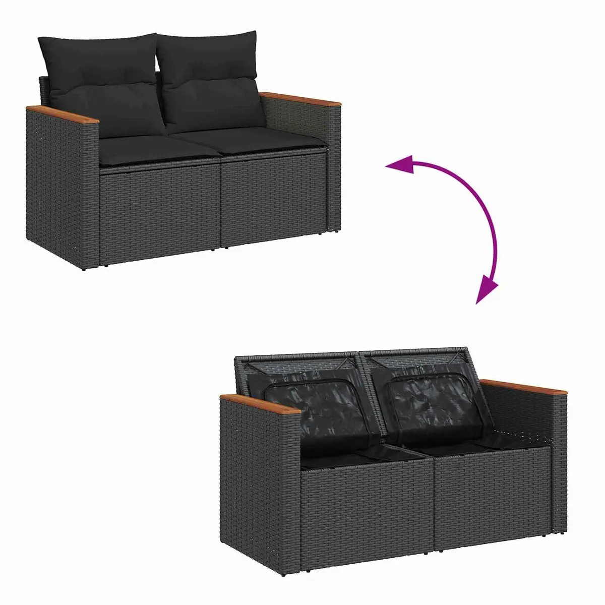 Modular Outdoor Garden Sofa Set Black Poly Rattan with Height Adjustable Table and Storage Compartments