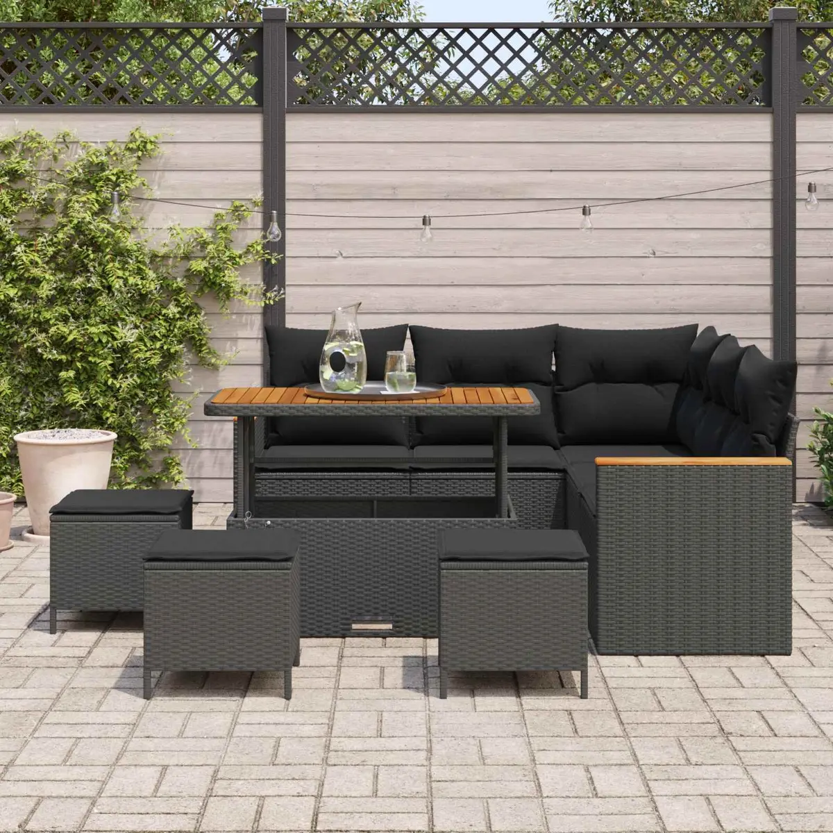 Modular Outdoor Garden Sofa Set Black Poly Rattan with Height Adjustable Table and Storage Compartments