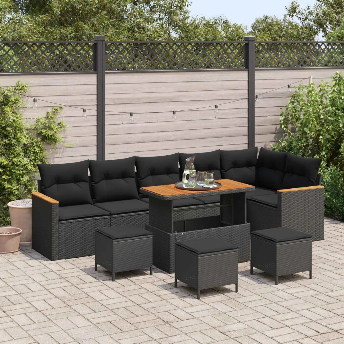 Outdoor Sofa Set 10-Piece Modular Garden Furniture Black Poly Rattan with