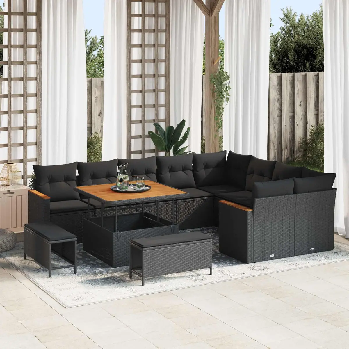 Modular Garden Sofa Set with Cushions Black 12 Pieces Outdoor Patio Furniture