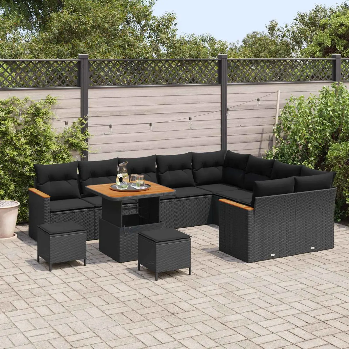Modular Garden Sofa Set Black Poly Rattan 12 Pieces Outdoor Seating