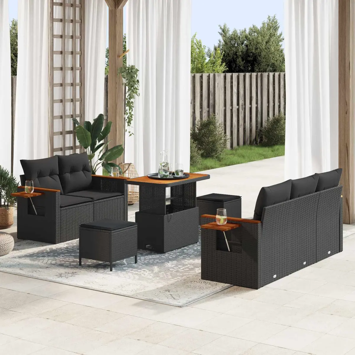 Outdoor Garden Sofa Set 10 Pcs Black Poly Rattan Modular Lounge Seating with