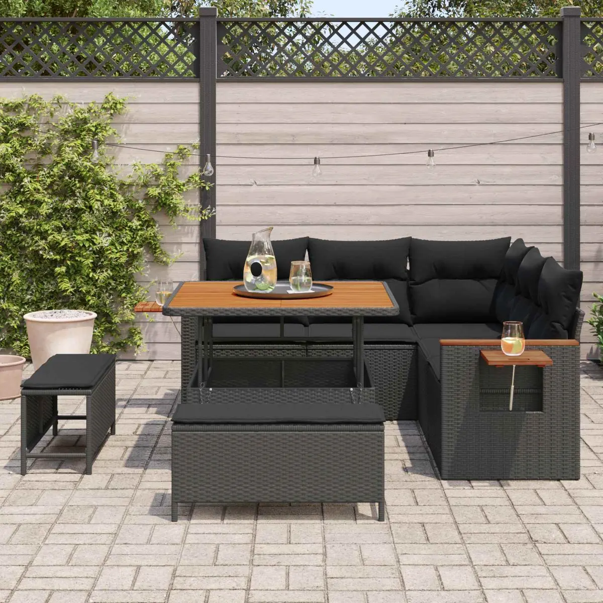 Modular Garden Sofa Set 9 Piece Black Poly Rattan Outdoor Furniture