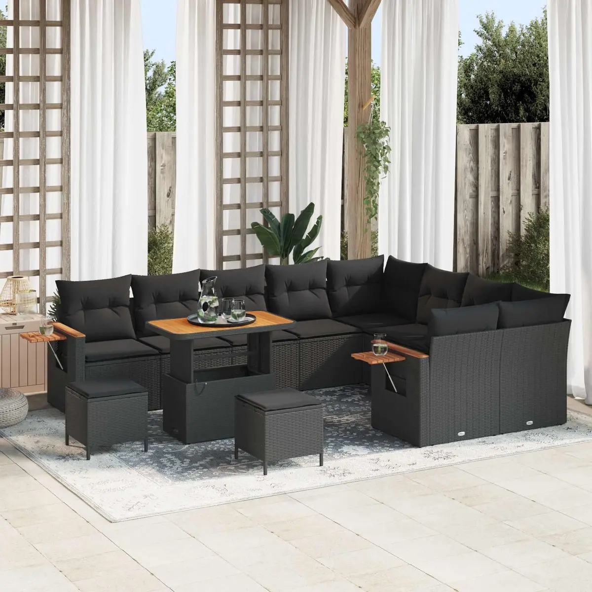 Modular Garden Sofa Set 13 Piece Black Outdoor Seating Poly Rattan Acacia Wood