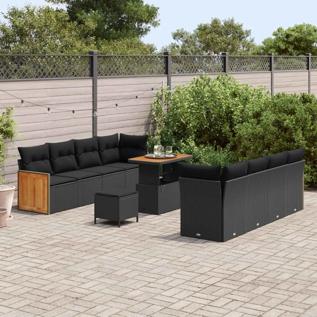 Modular Garden Sofa Set Black Poly Rattan Acacia Wood 12 Pieces Outdoor Seating