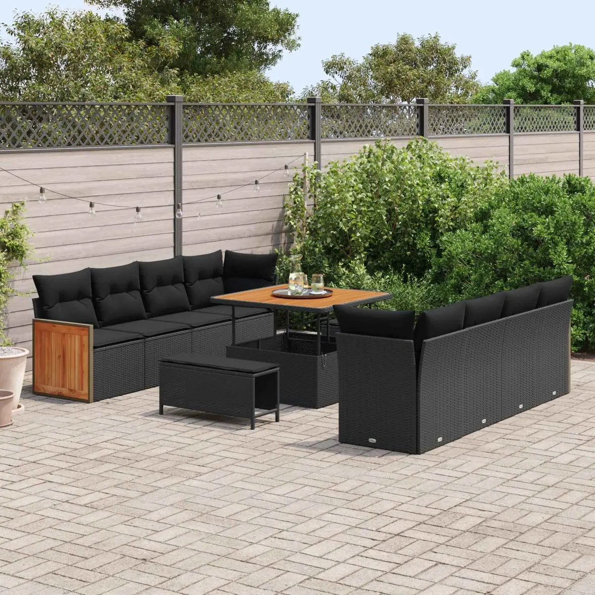 Modular Outdoor Sofa Set Flexible Black Poly Rattan Acacia Wood for Patio and Garden