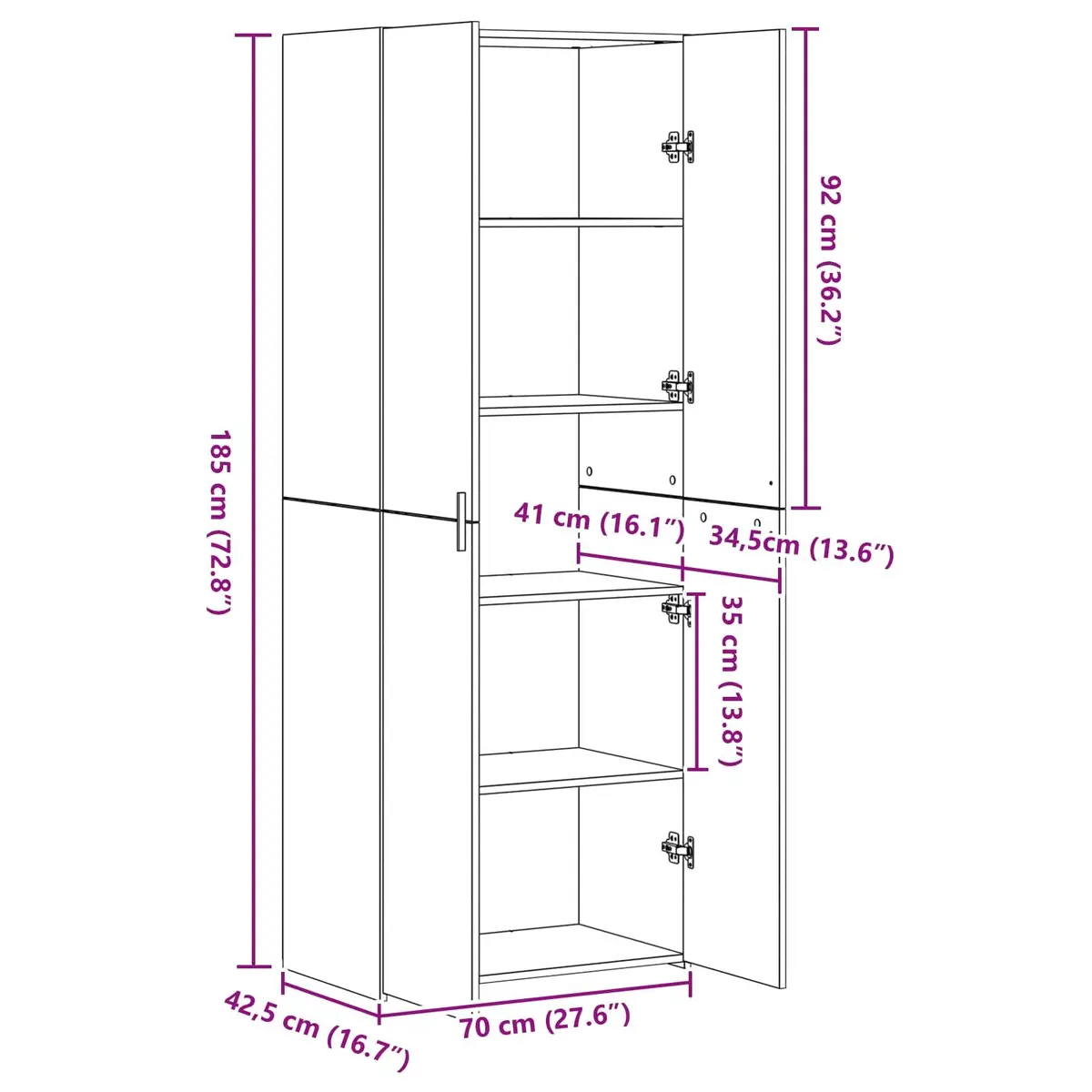 Engineered Wood Highboard Storage Cabinet Modern Black 70 x 42.5 x 185 cm