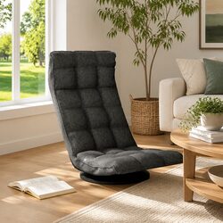 Swivel Floor Chair Grey Fabric Padded Lounger Gaming Meditation 5-Angle Foldable