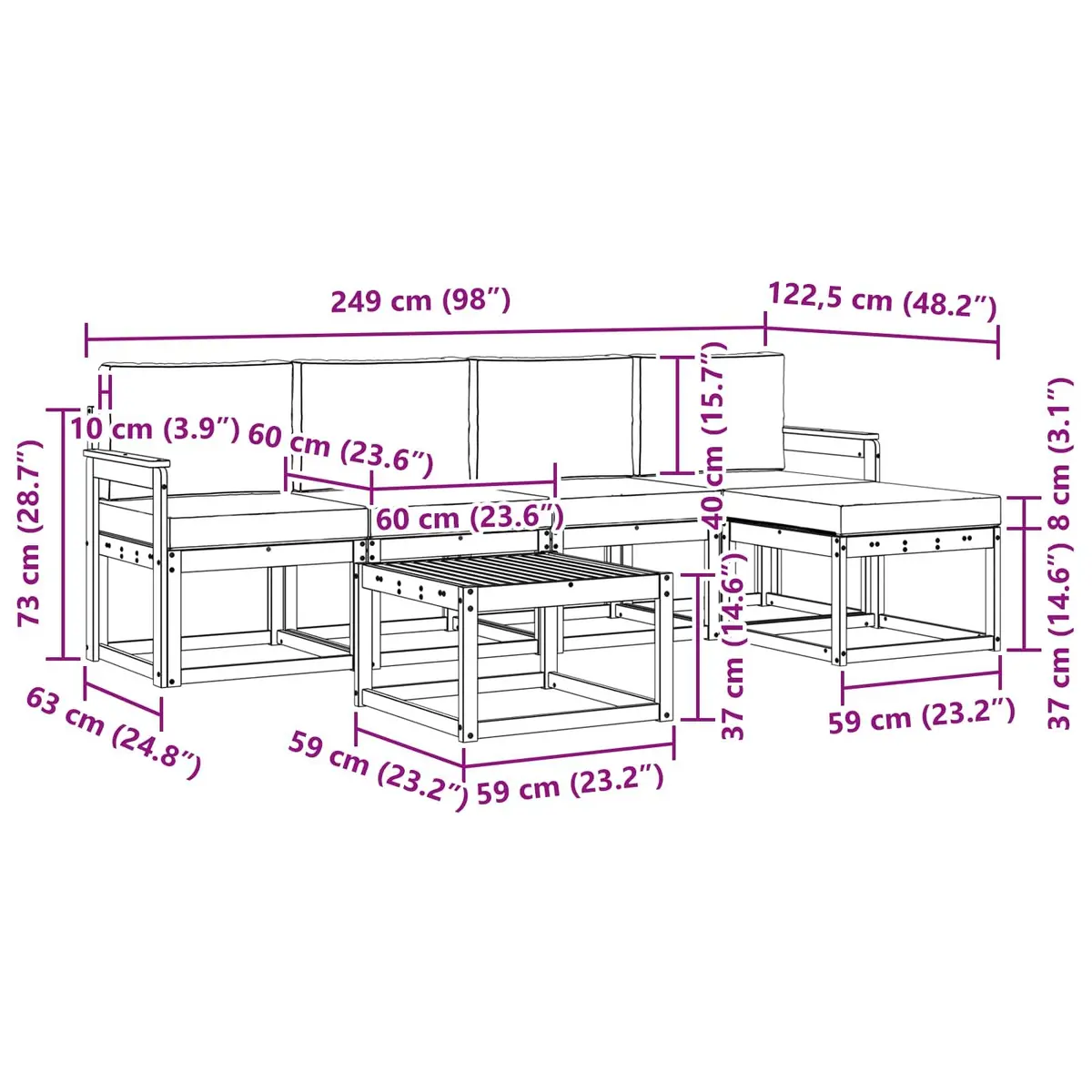 Outdoor Sectional Sofa Set Solid Acacia Wood 6 Pieces Garden Patio Furniture with Cushions