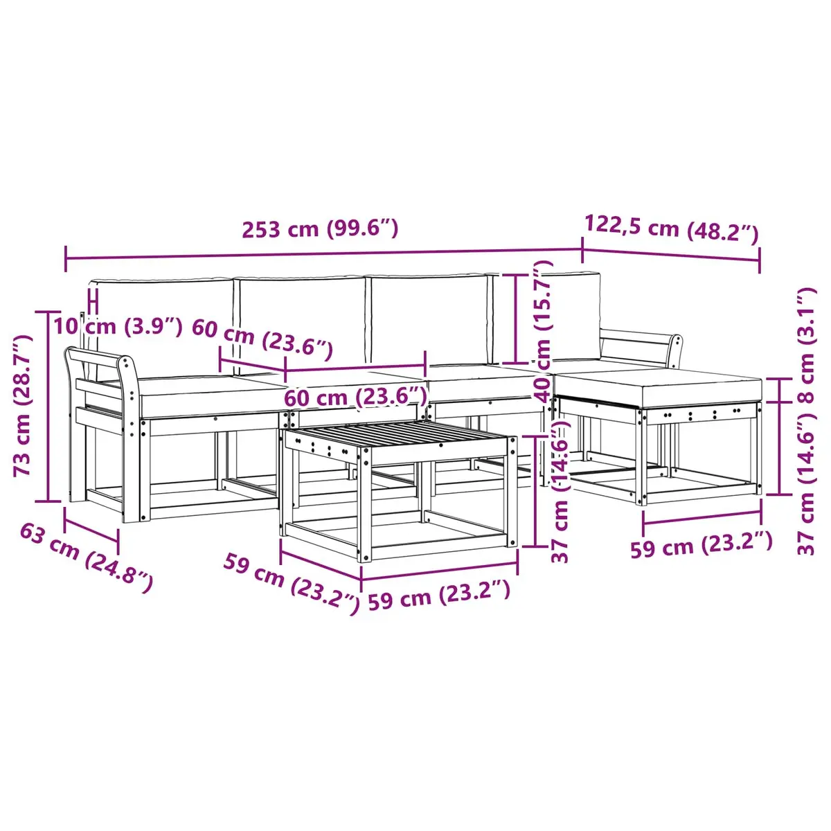 Outdoor Sectional Sofa Set 6 Piece Garden Furniture Modern Patio Seating