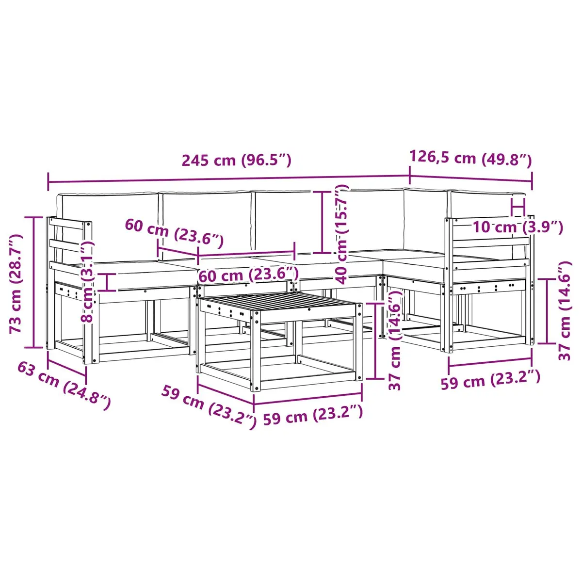 Outdoor Sofa Set Modular Acacia Wood 6 Piece with Cushions