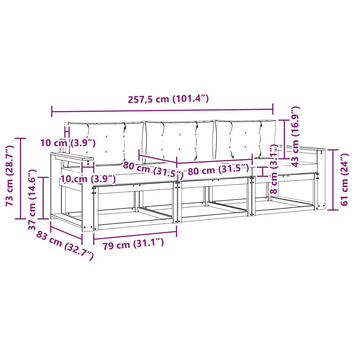 Outdoor Sofa Set Modular Sectional 3 Pcs Brown Acacia Wood