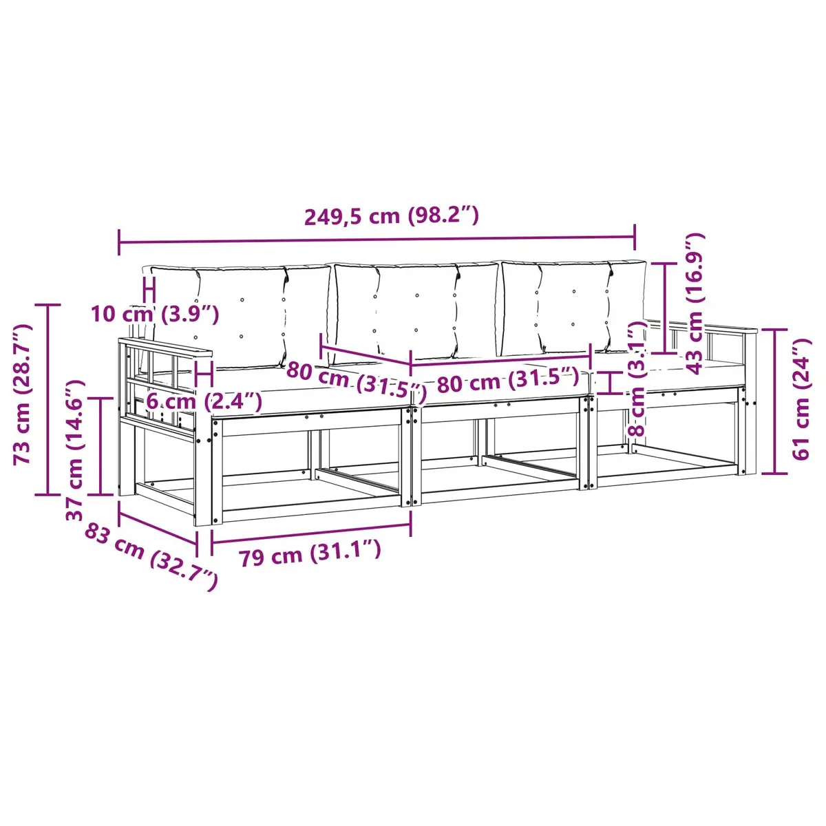 Outdoor Sofa Set Modular Sectional 3 Piece Brown
