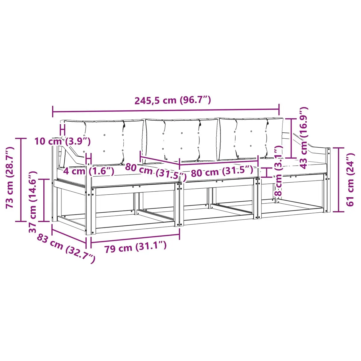 Outdoor Sofa Set 3 pcs Modular Garden Patio Sectional Furniture Brown Wood