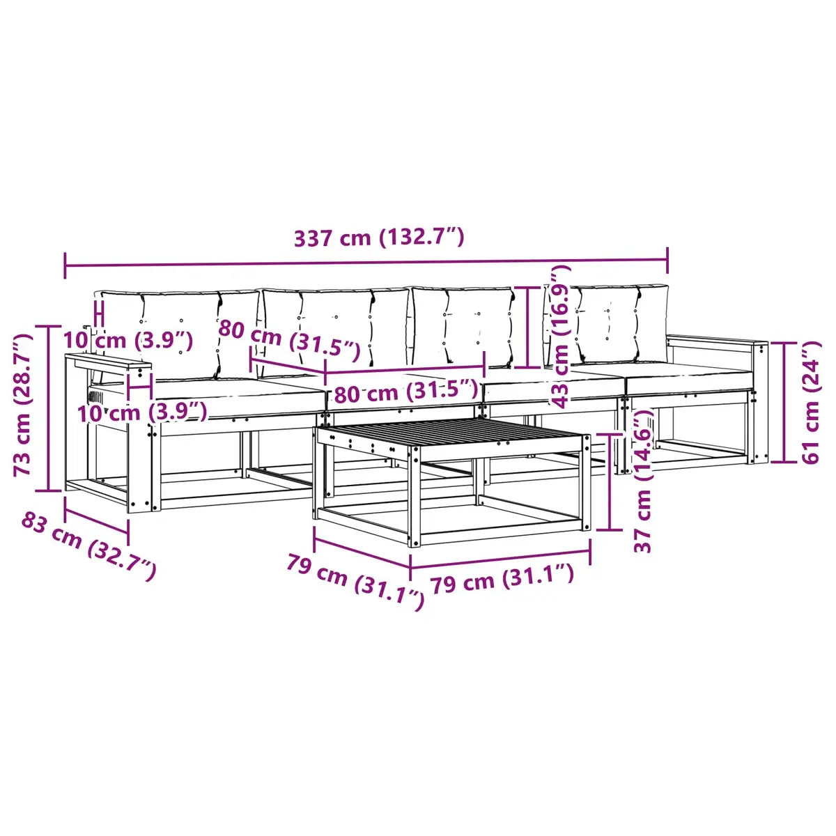 Outdoor Sectional Sofa Set 5 Piece Modern Garden Patio Furniture with Cushions