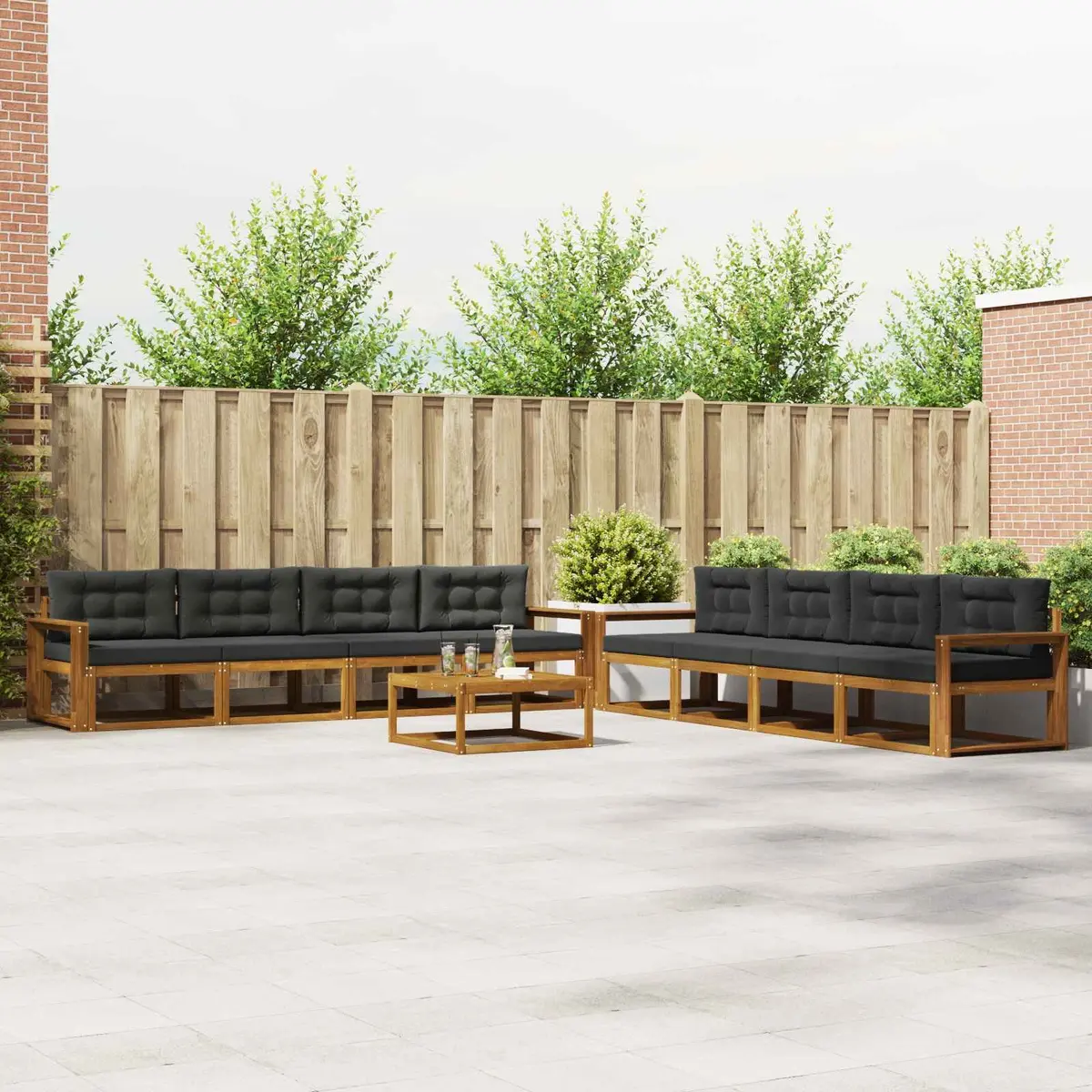 Outdoor Sectional Sofa Set 9 Pieces Brown Cushions Weather Resistant Acacia Wood