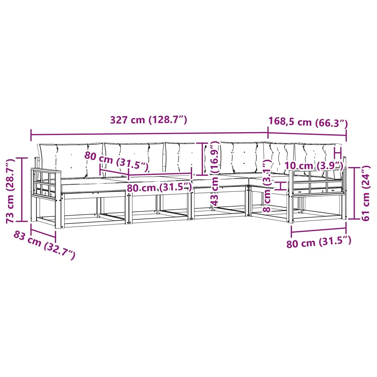 Modular Outdoor Furniture Set 5 Pieces Sectional Sofa with Brown Cushions for Garden and Patio