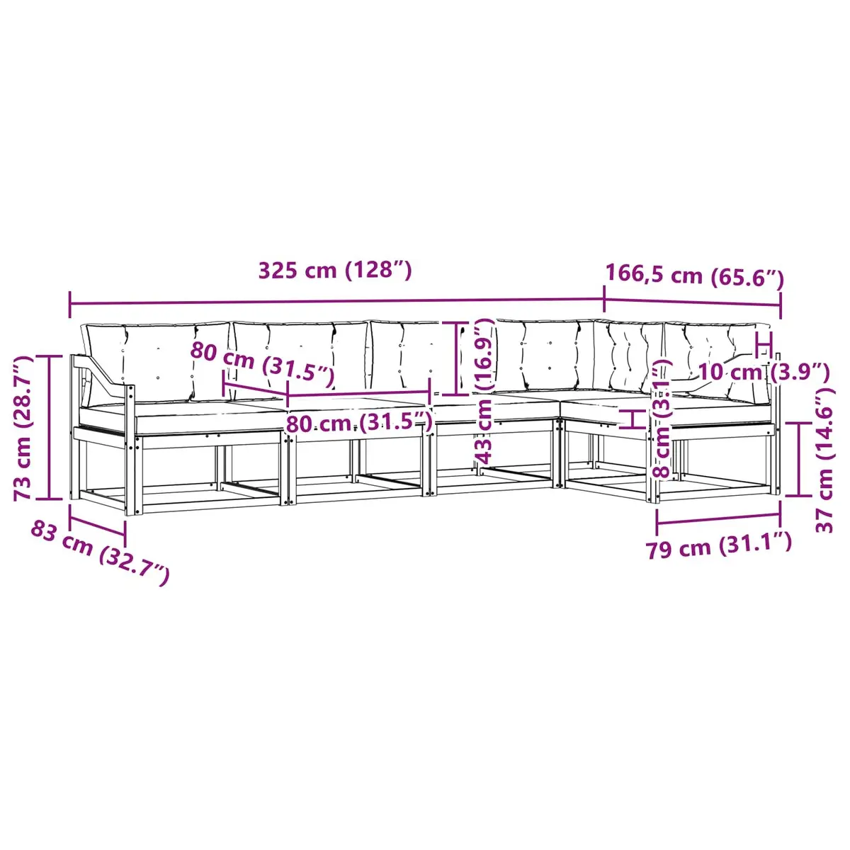 Outdoor Sofa Set Modular Sectional 5 Piece Slat Back Brown