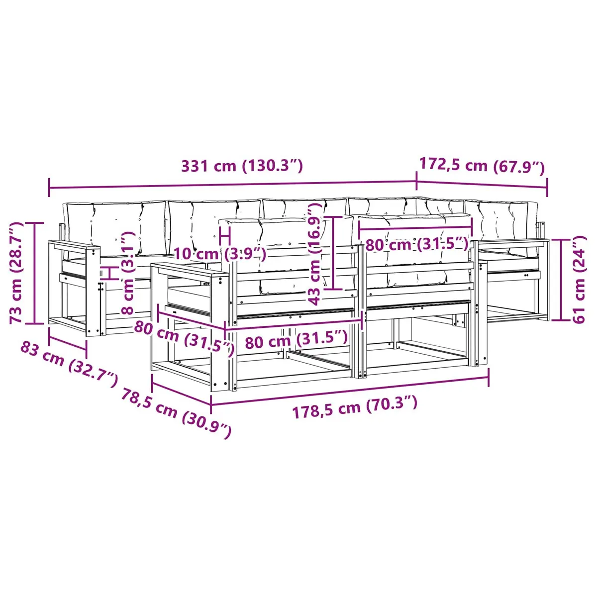 Outdoor Sofa Set Modular Sectional 8 Pieces Acacia Wood