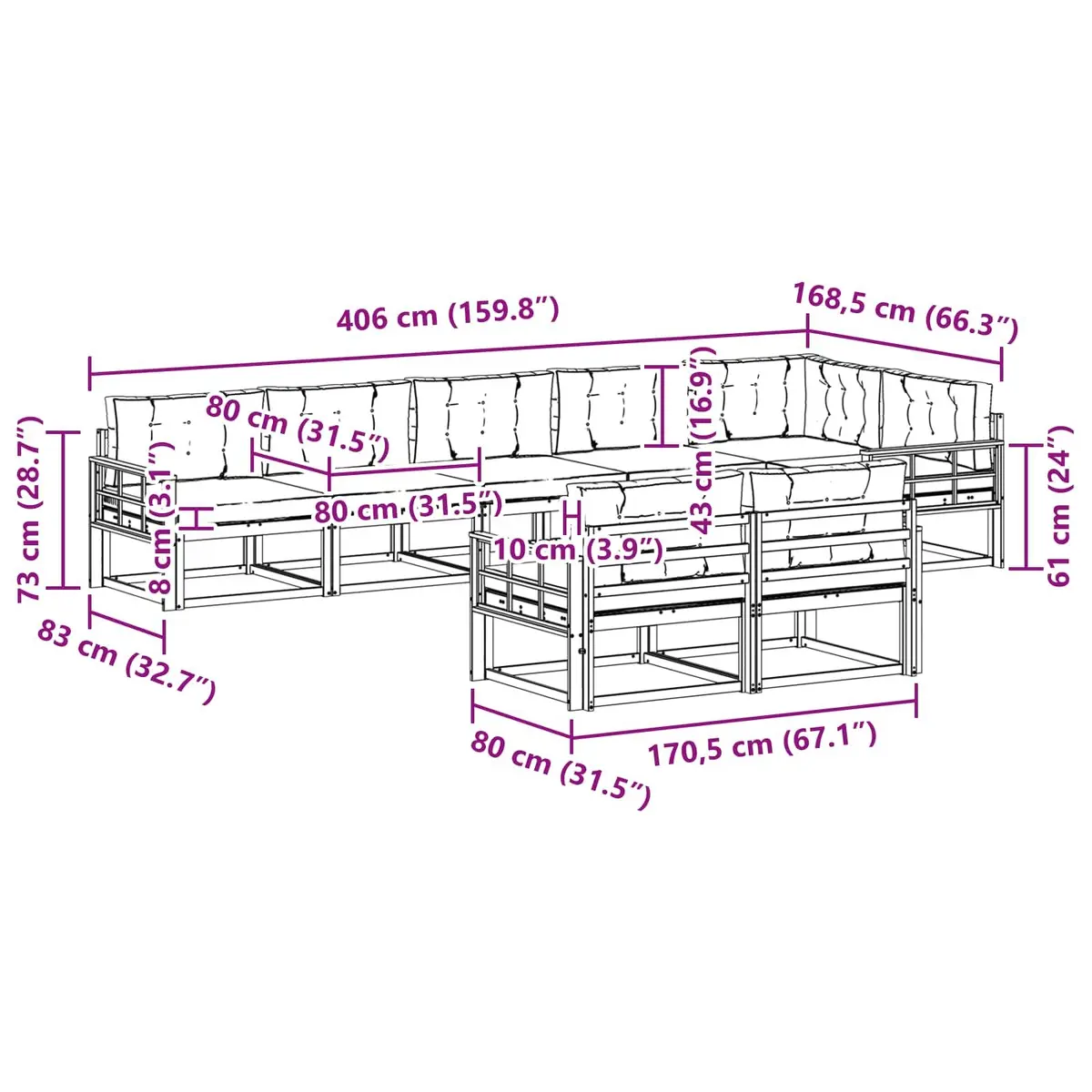 Outdoor Sectional Sofa Set 8 Pieces Modular Patio Garden Furniture Backyard