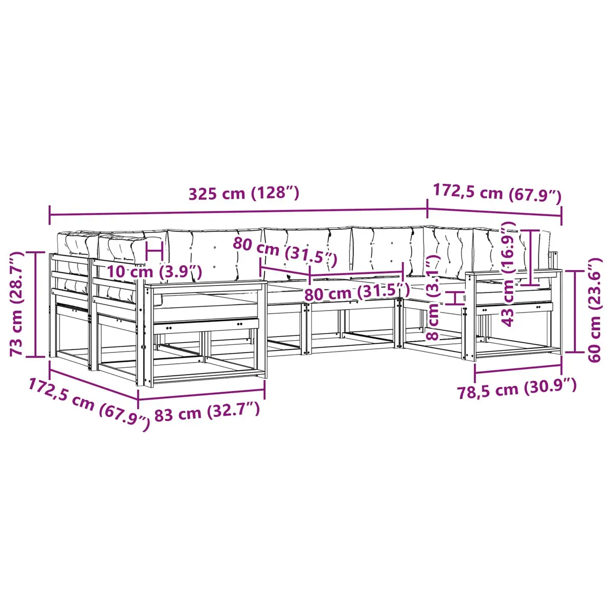 Outdoor Sectional Sofa Set 6 Pcs Garden Patio Furniture with Cushions Brown