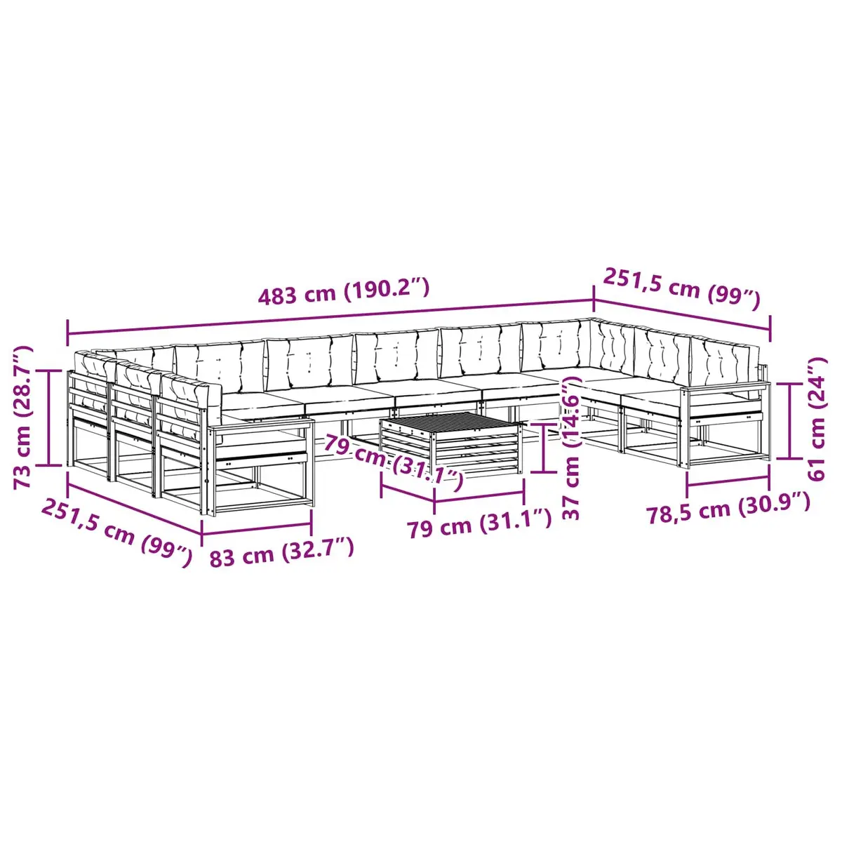 Outdoor Sectional Sofa Set Solid Acacia Wood Cushioned 11 Piece